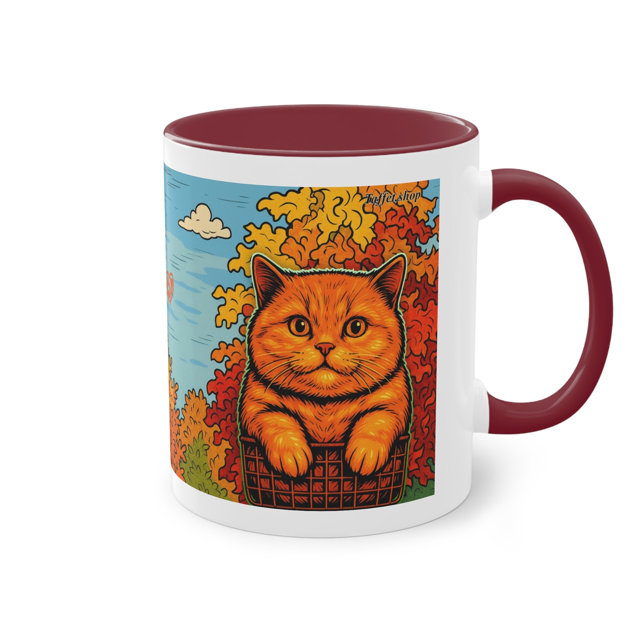 Mug – Red cat with trees and blue sky in comic style, 325 ml