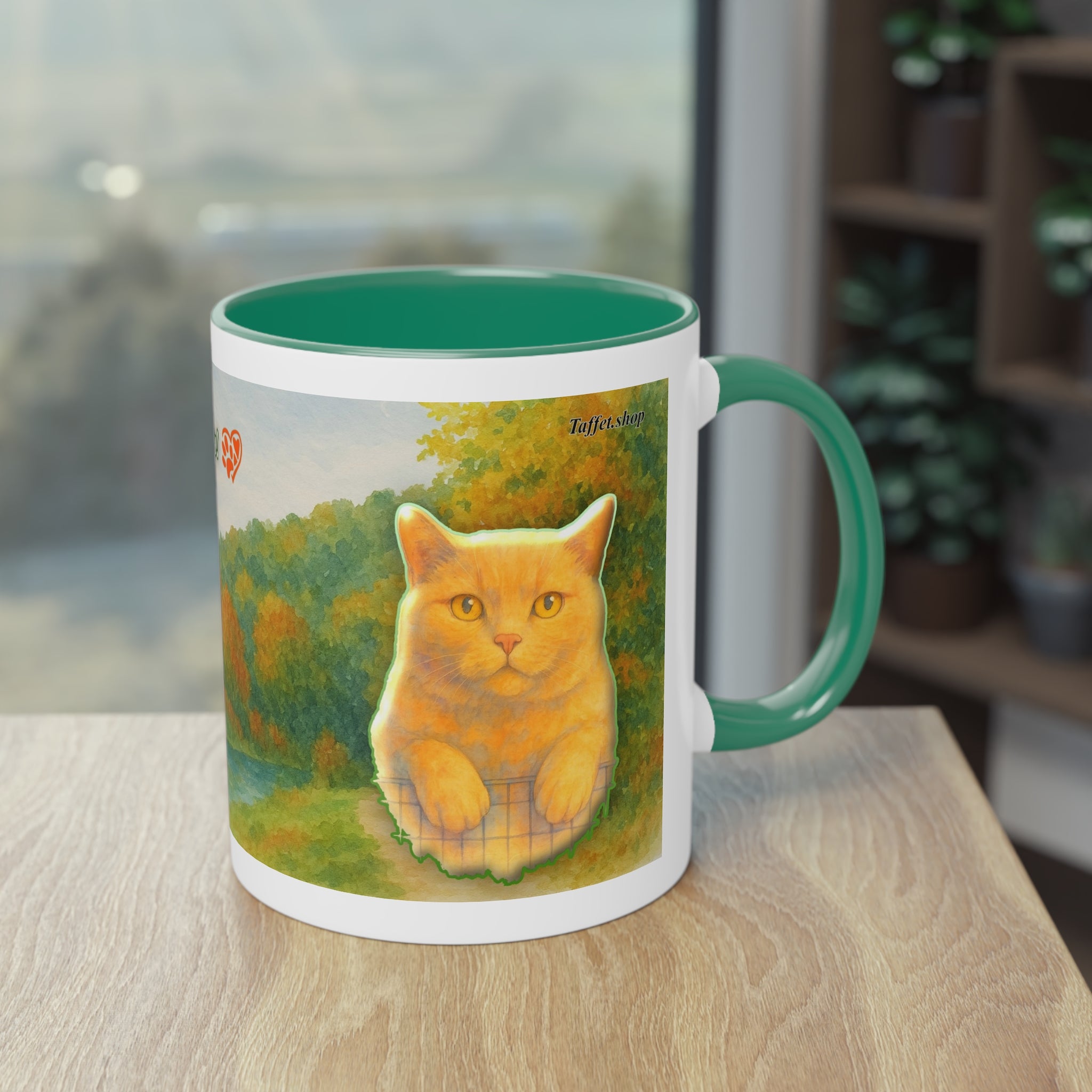Mug – Red cat with trees and blue sky in watercolor style, 325 ml