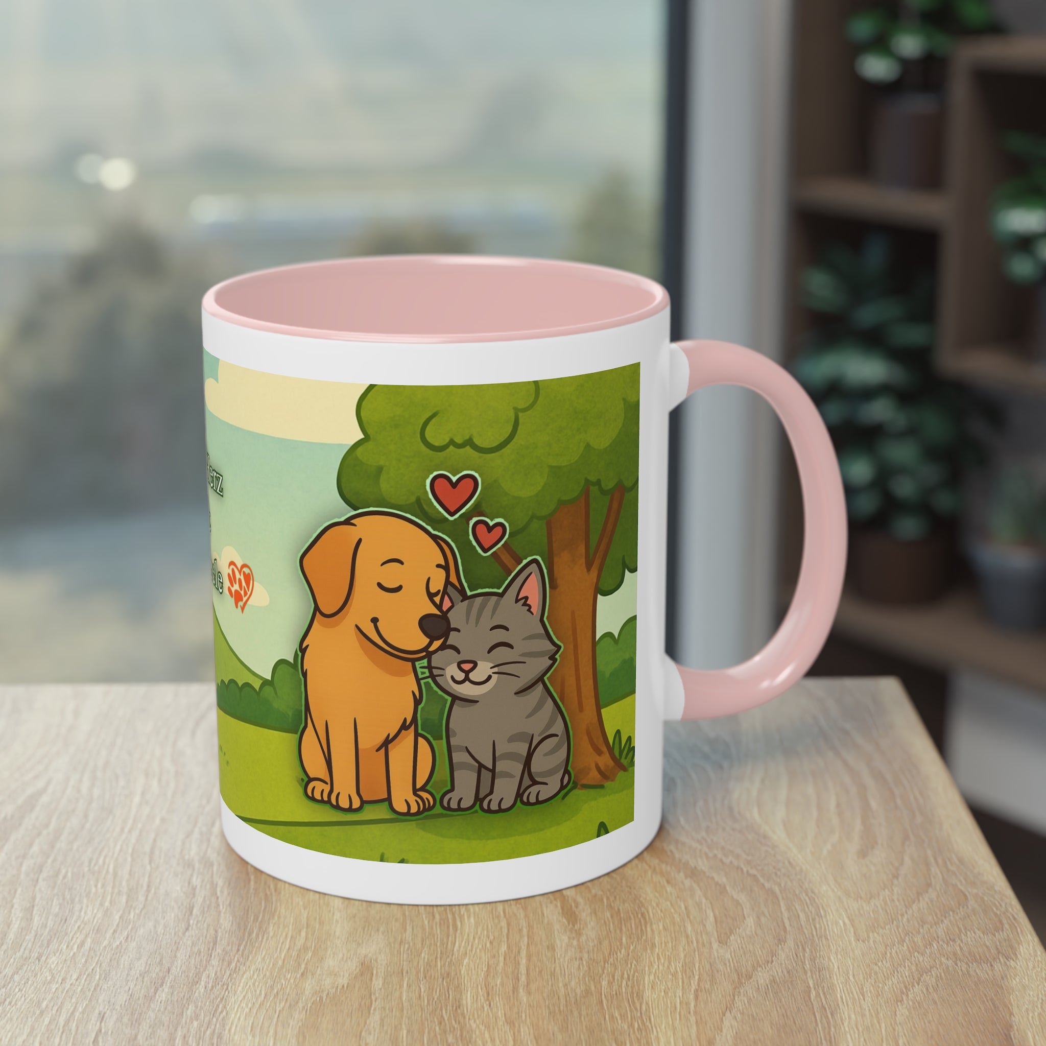 Mug – “Dog and Cat with Hearts” in comic style, 325 ml