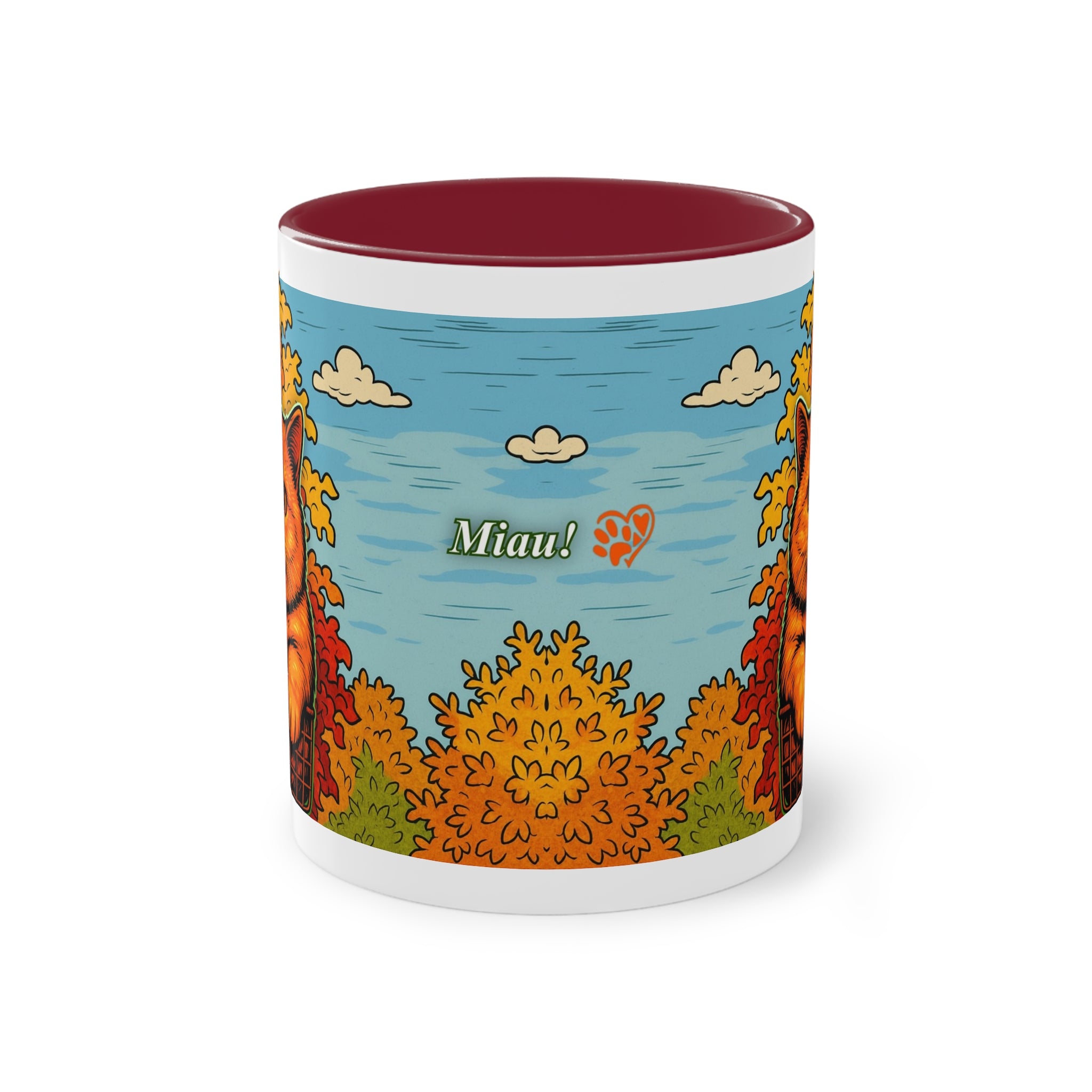 Mug – Red cat with trees and blue sky in comic style, 325 ml 