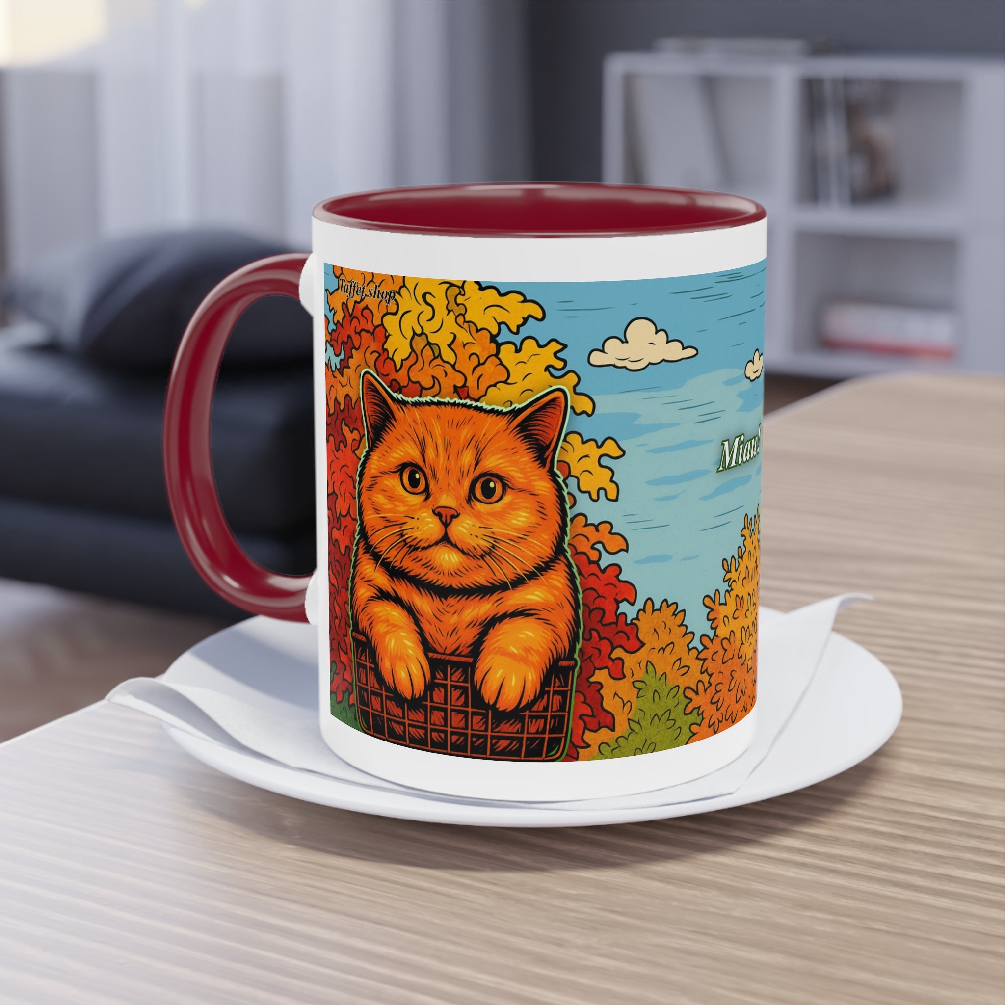 Mug – Red cat with trees and blue sky in comic style, 325 ml 