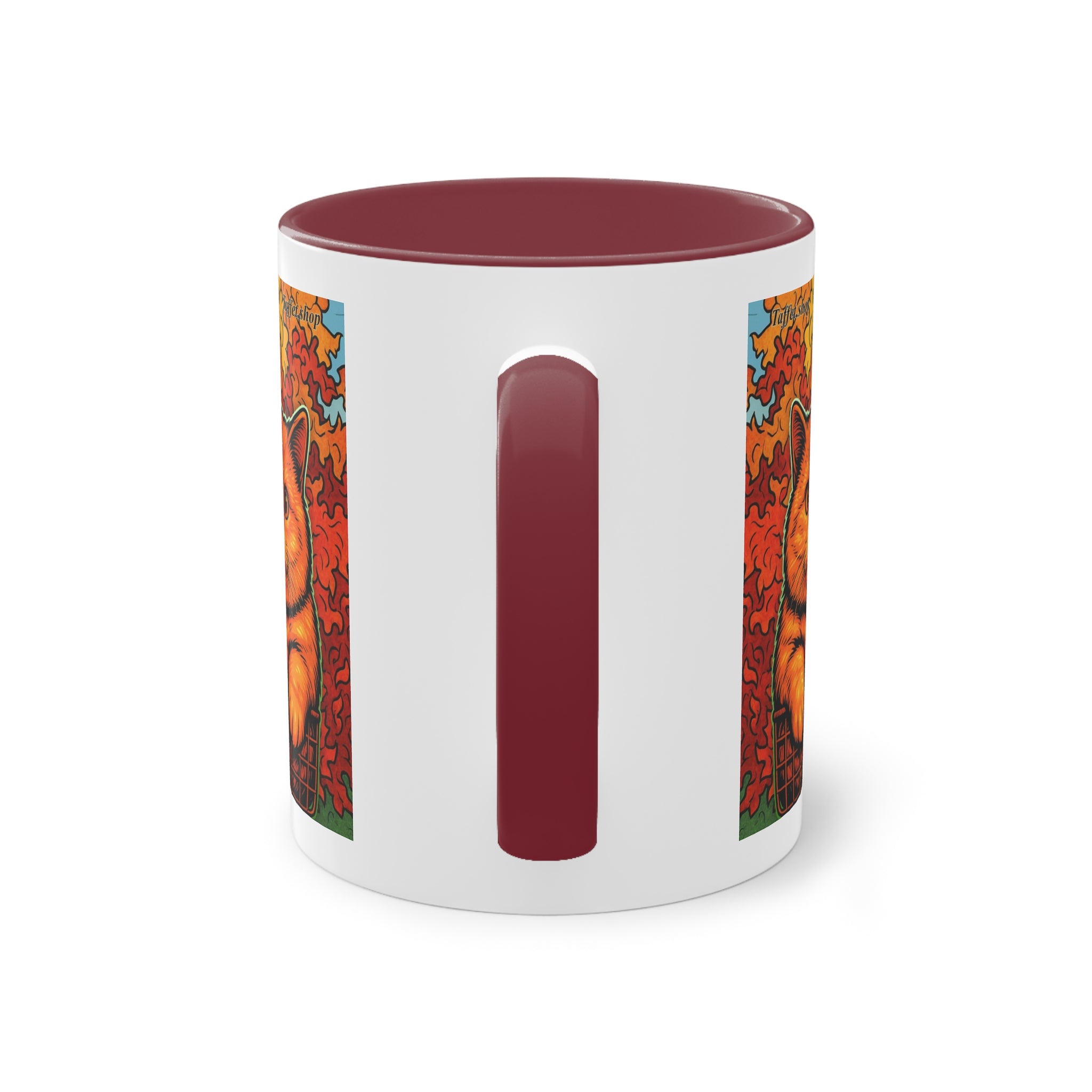 Mug – Red cat with trees and blue sky in comic style, 325 ml 