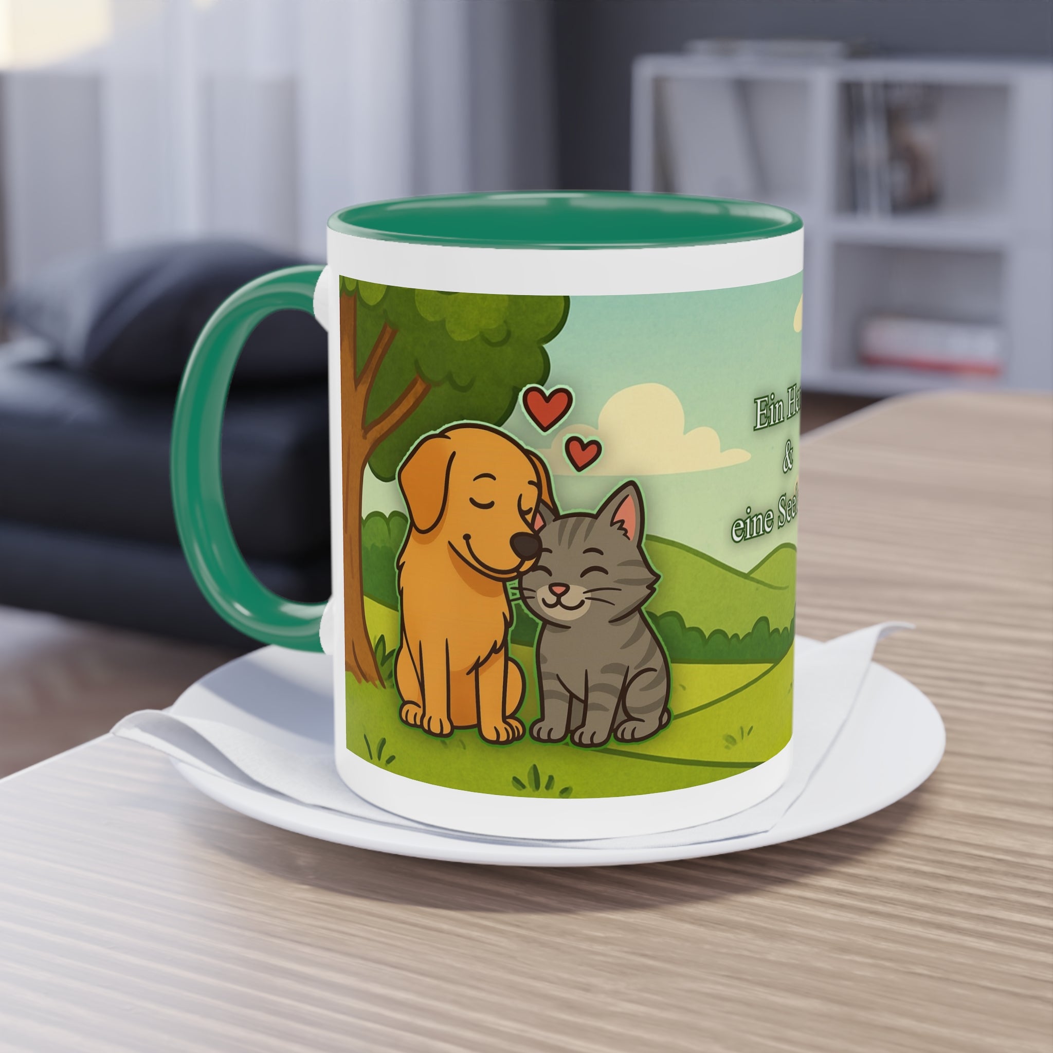 Mug – “Dog and Cat with Hearts” in comic style, 325 ml