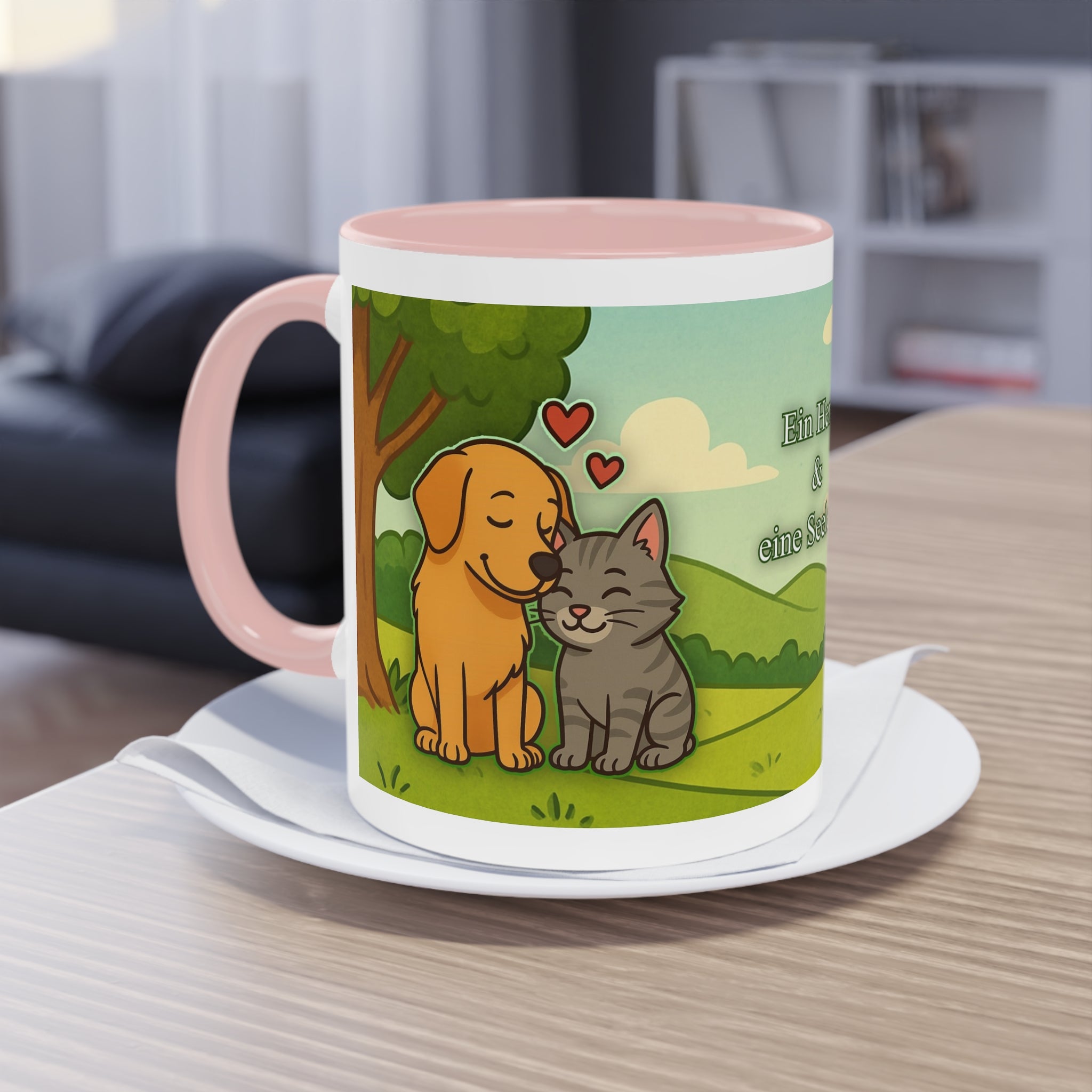 Mug – “Dog and Cat with Hearts” in comic style, 325 ml