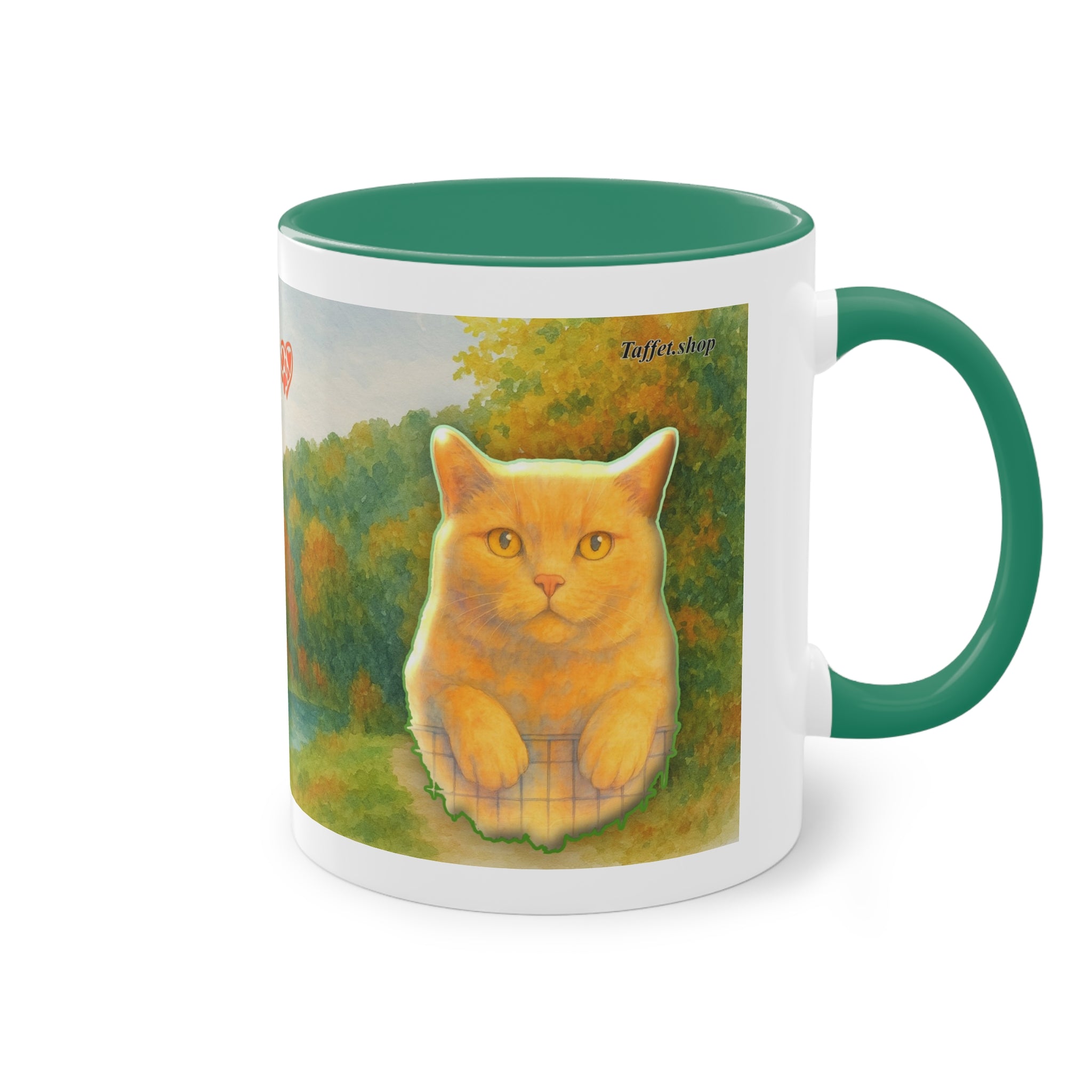 Mug – Red cat with trees and blue sky in watercolor style, 325 ml