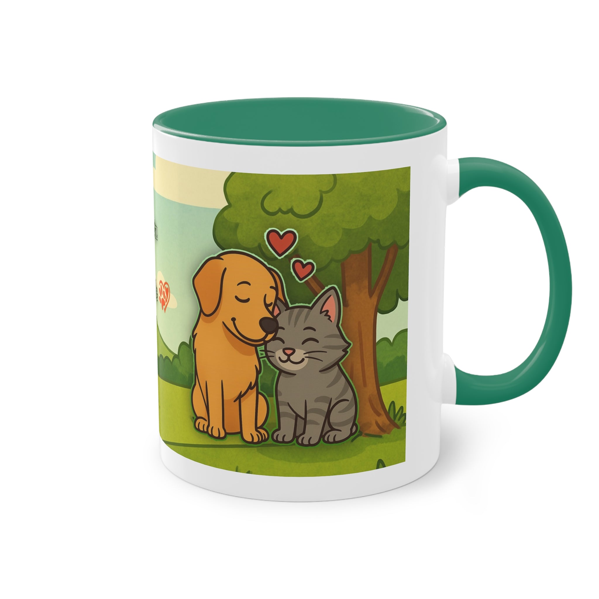Mug – “Dog and Cat with Hearts” in comic style, 325 ml