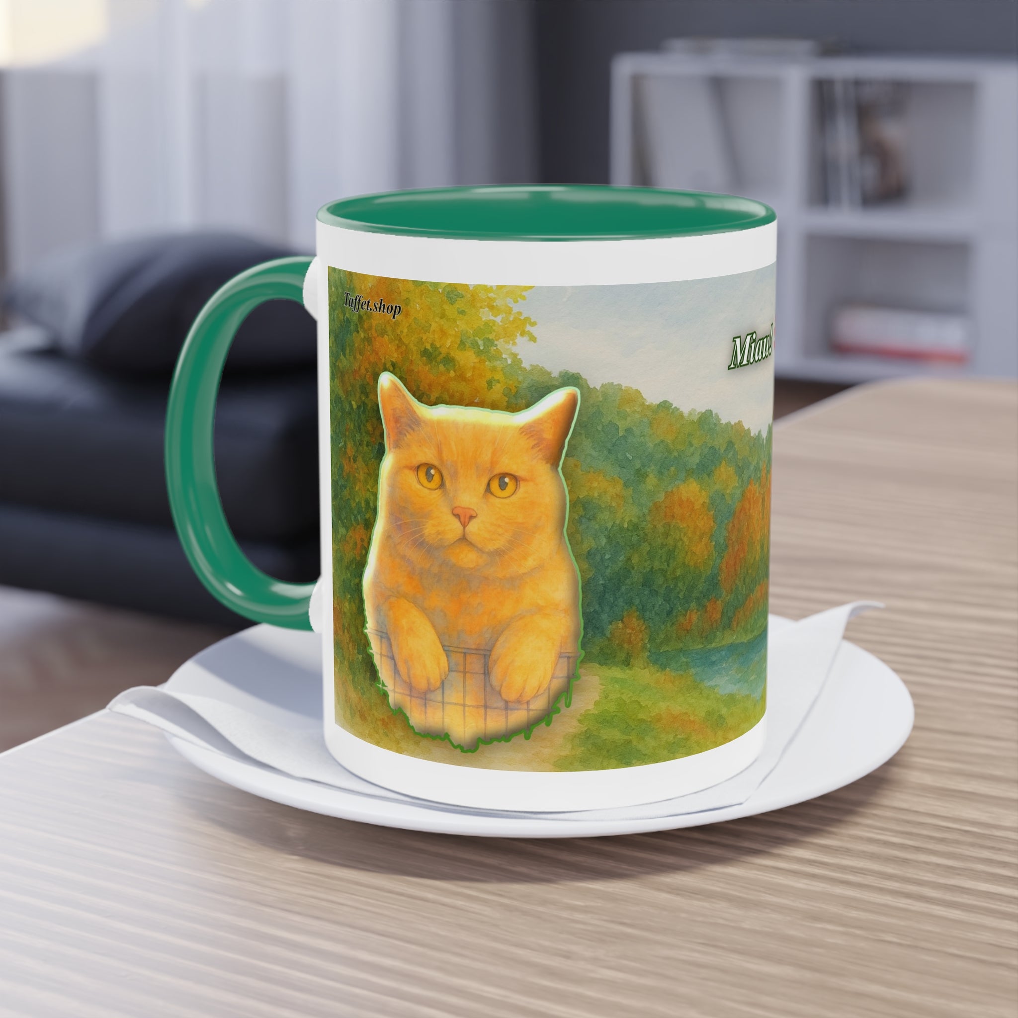 Mug – Red cat with trees and blue sky in watercolor style, 325 ml