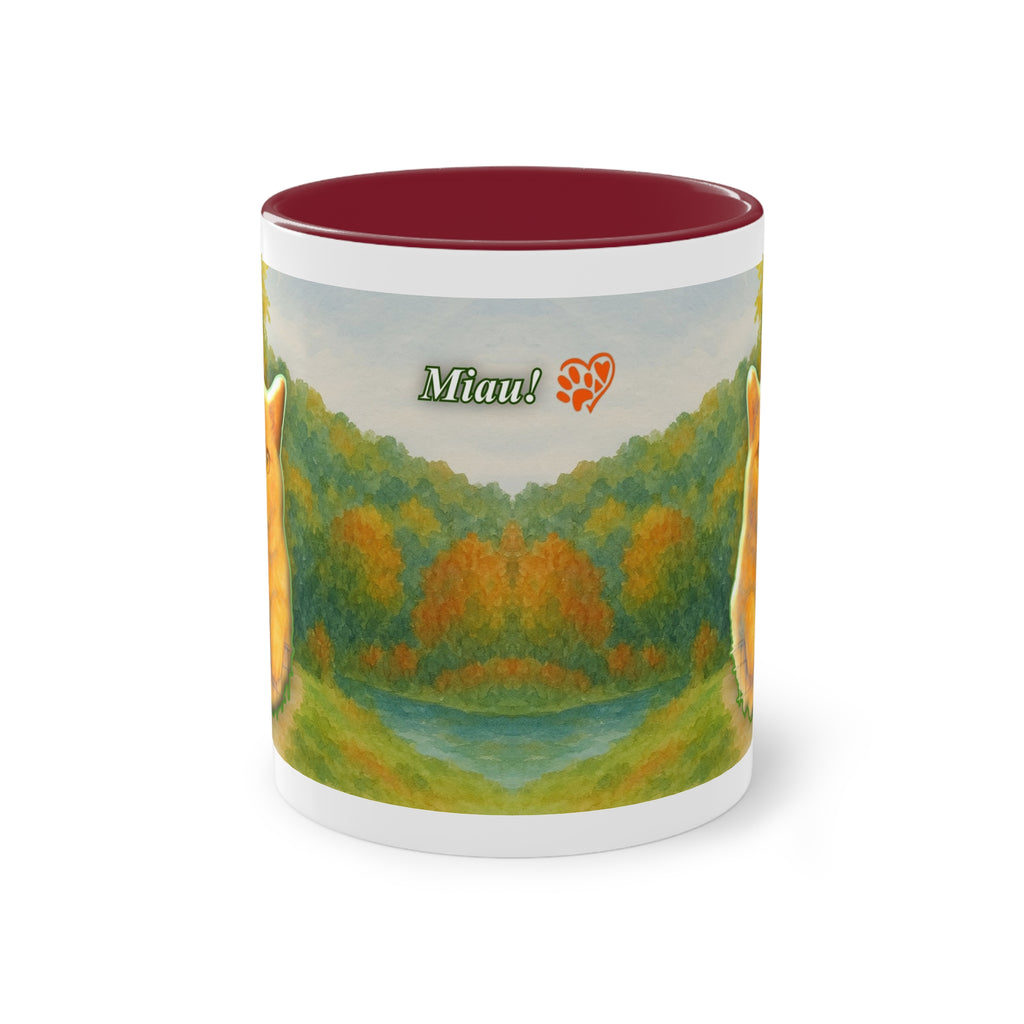 Mug – Red cat with trees and blue sky in watercolor style, 325 ml