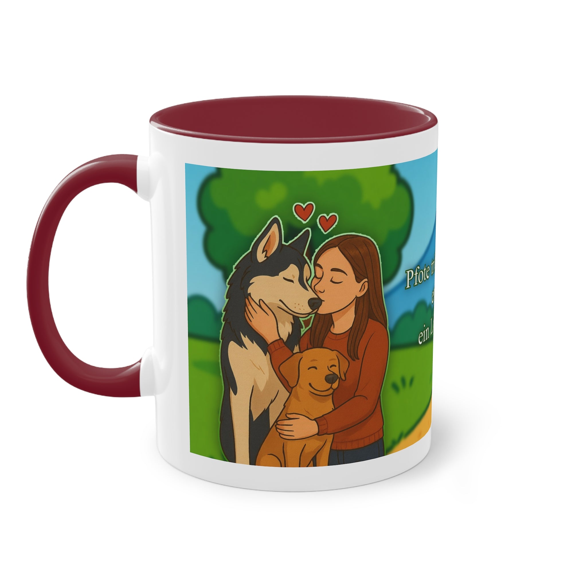 Mug – “Dog and Cat Love with Wife” in comic style, 325 ml