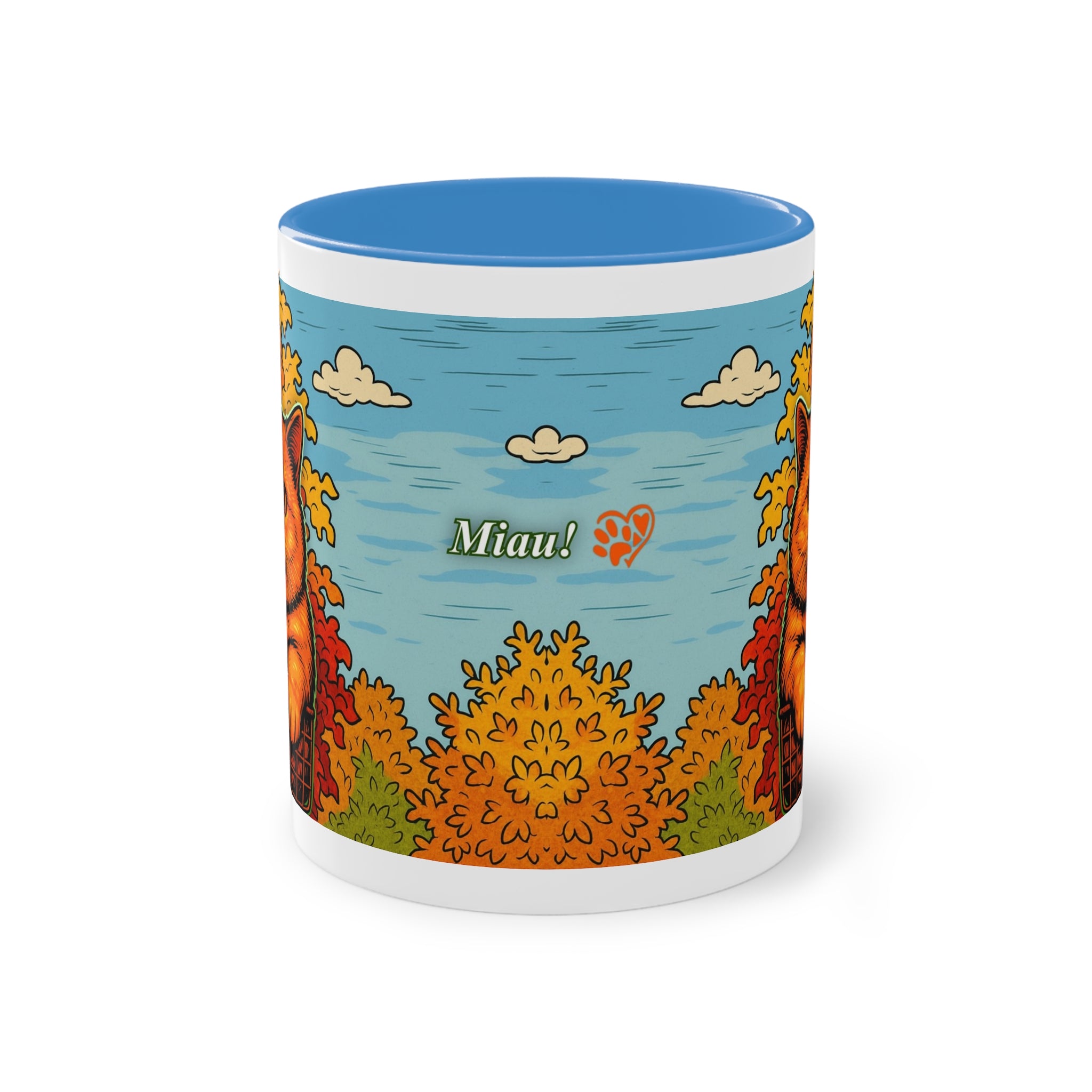 Mug – Red cat with trees and blue sky in comic style, 325 ml 