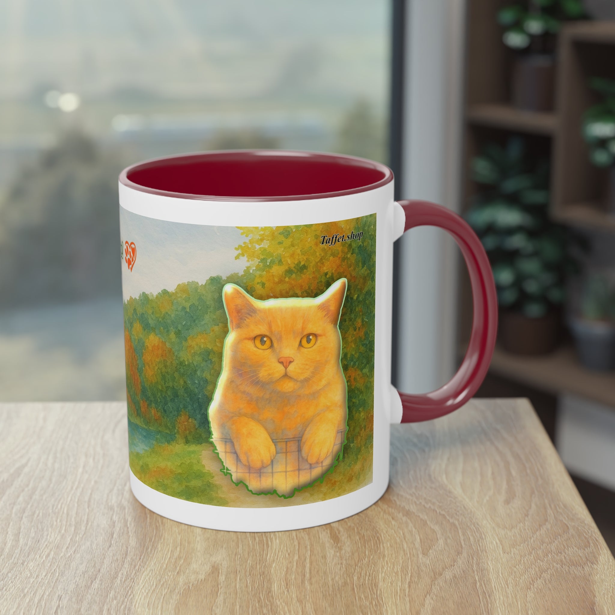Mug – Red cat with trees and blue sky in watercolor style, 325 ml