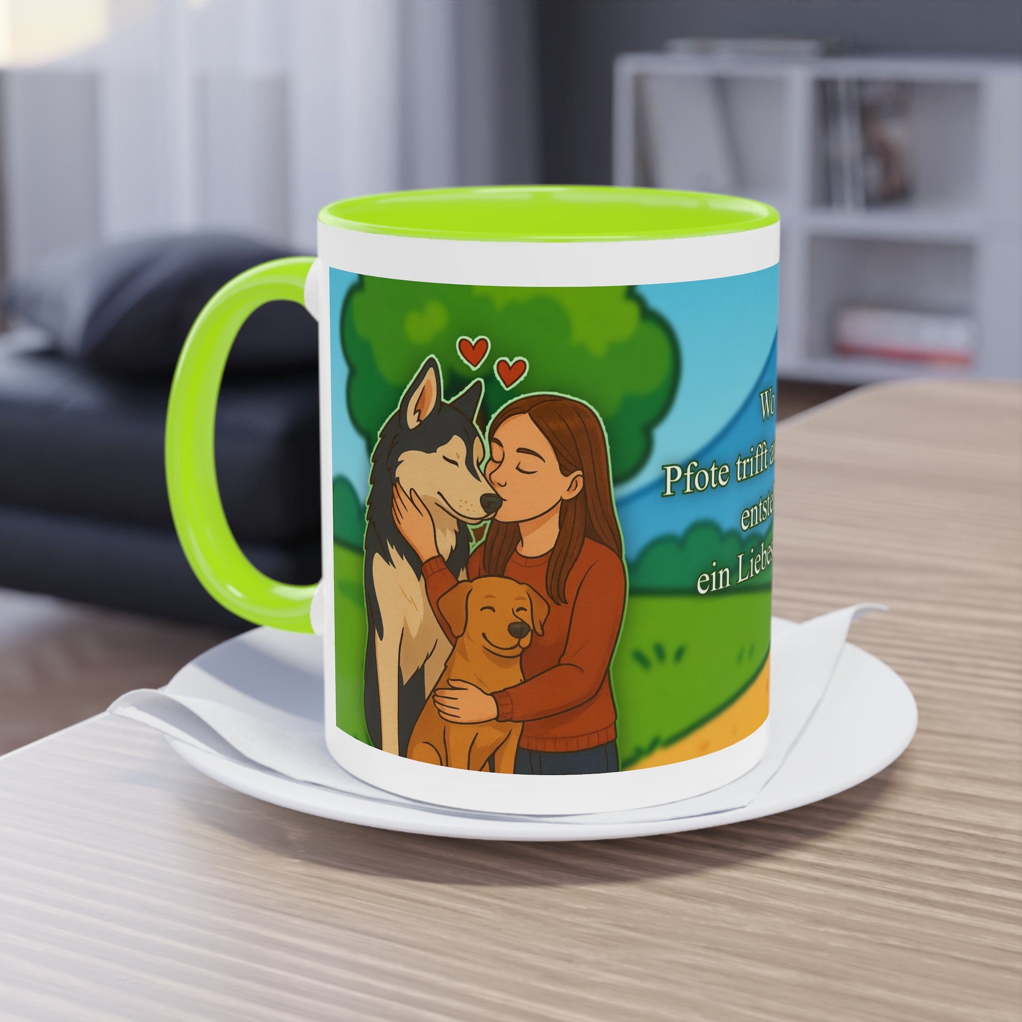 Mug – “Dog and Cat Love with Wife” in comic style, 325 ml
