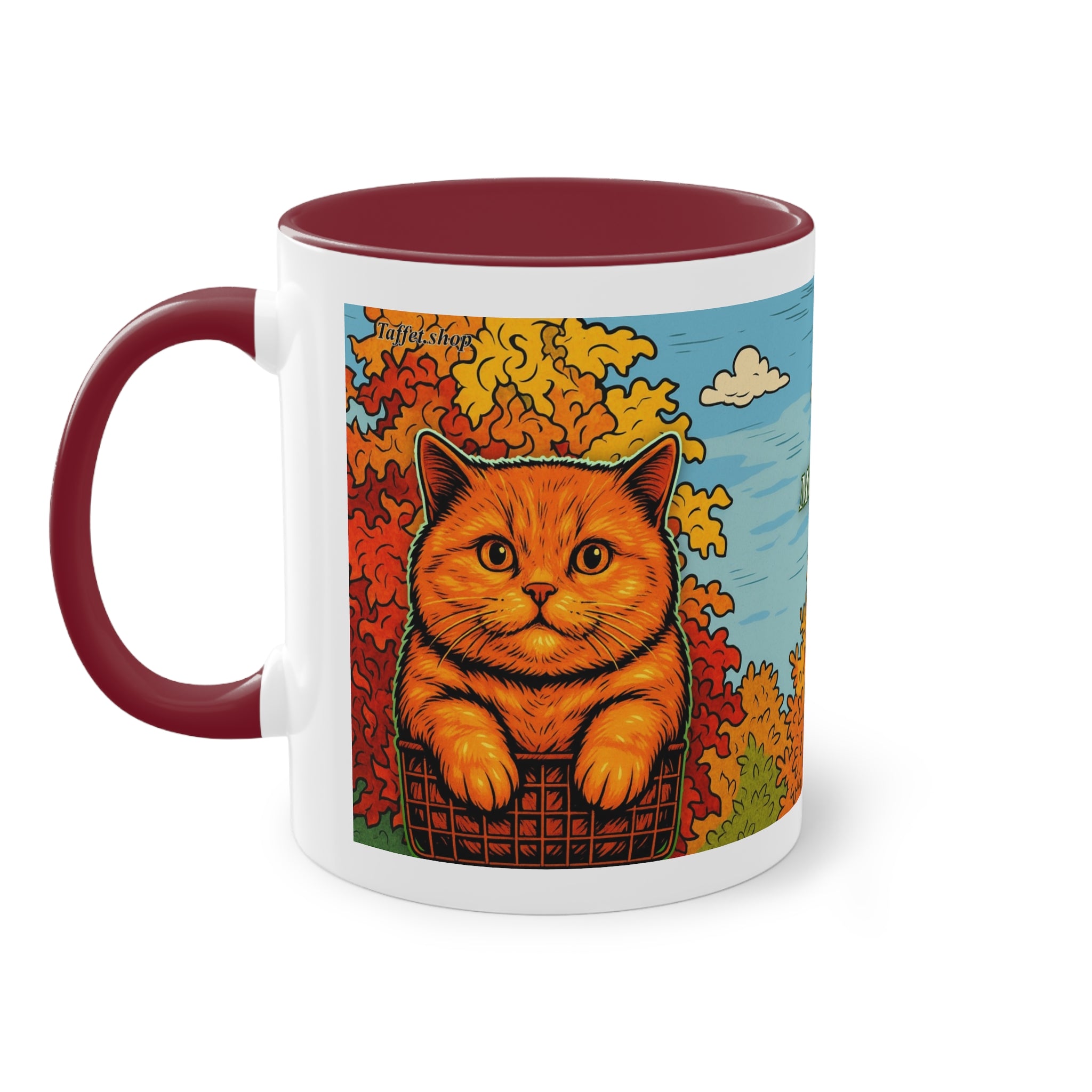 Mug – Red cat with trees and blue sky in comic style, 325 ml 