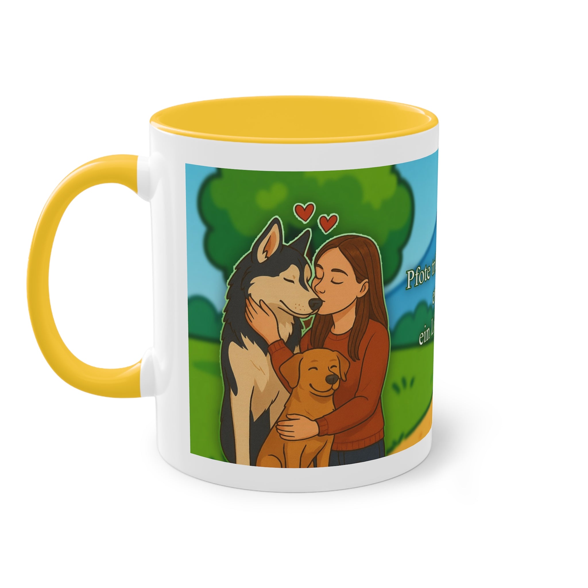 Mug – “Dog and Cat Love with Wife” in comic style, 325 ml