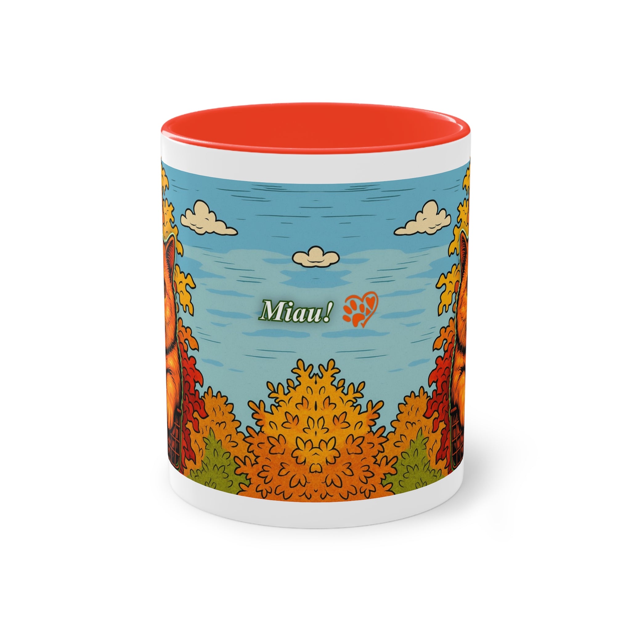 Mug – Red cat with trees and blue sky in comic style, 325 ml 