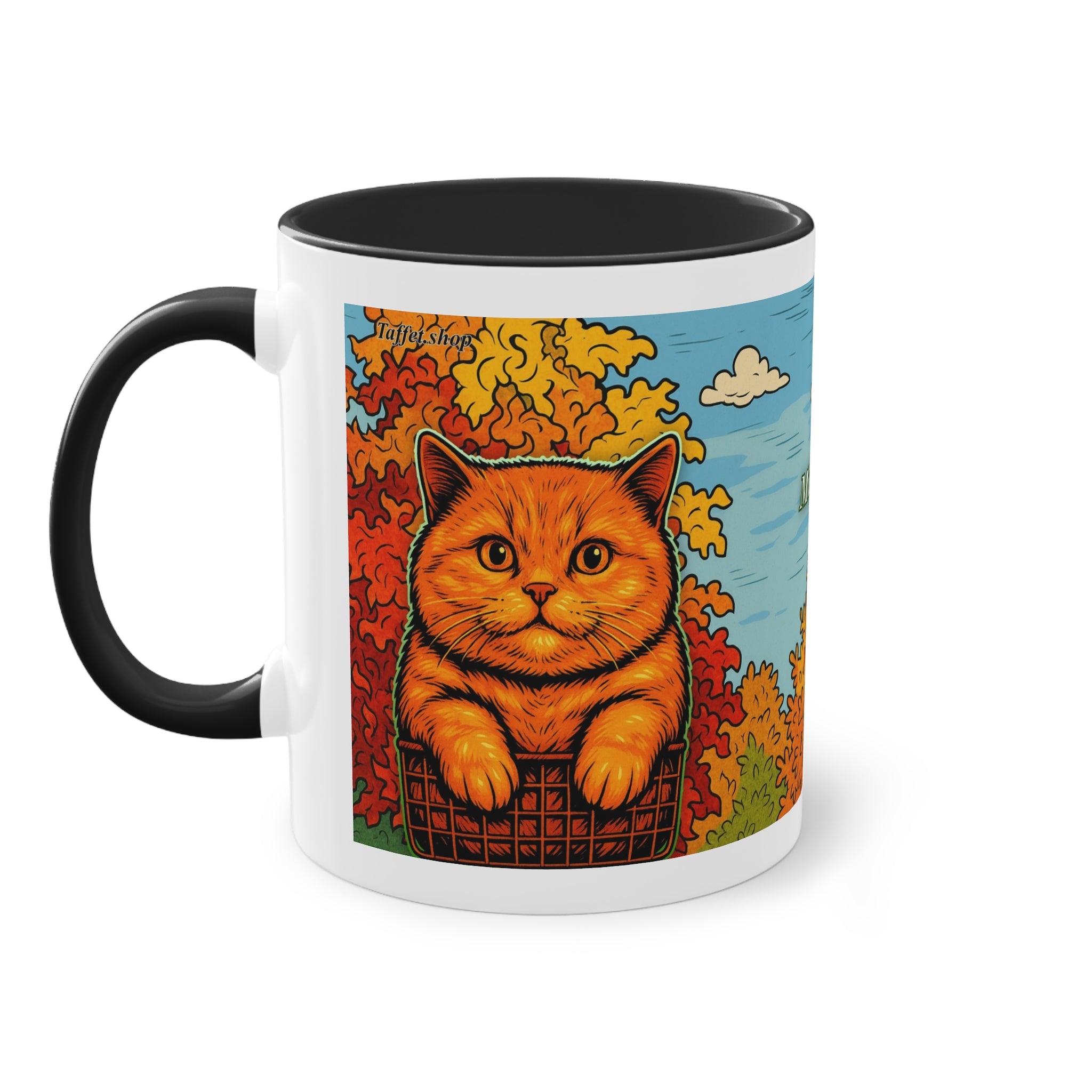 Mug – Red cat with trees and blue sky in comic style, 325 ml 