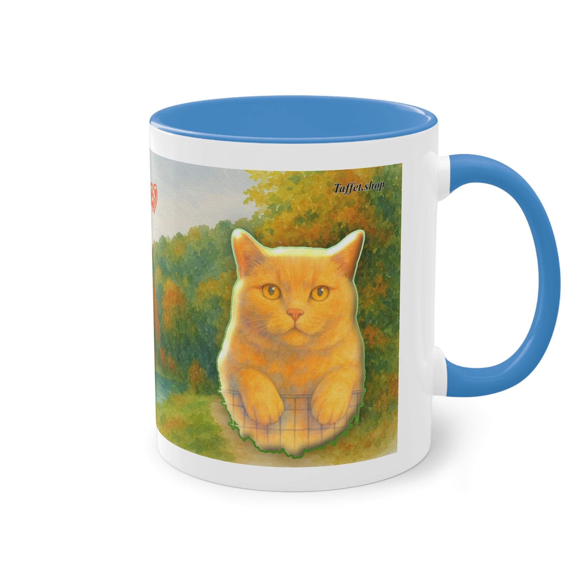 Mug – Red cat with trees and blue sky in watercolor style, 325 ml