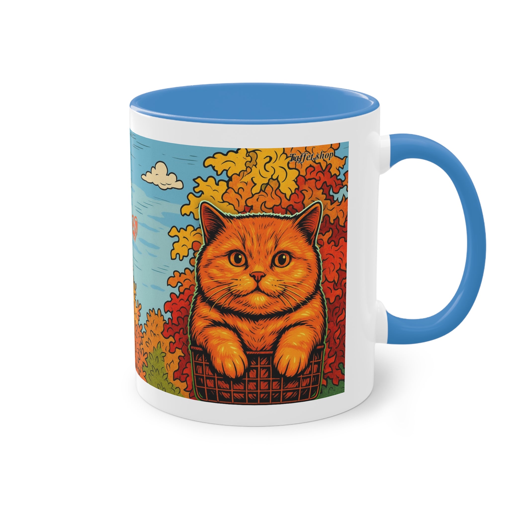 Mug – Red cat with trees and blue sky in comic style, 325 ml 
