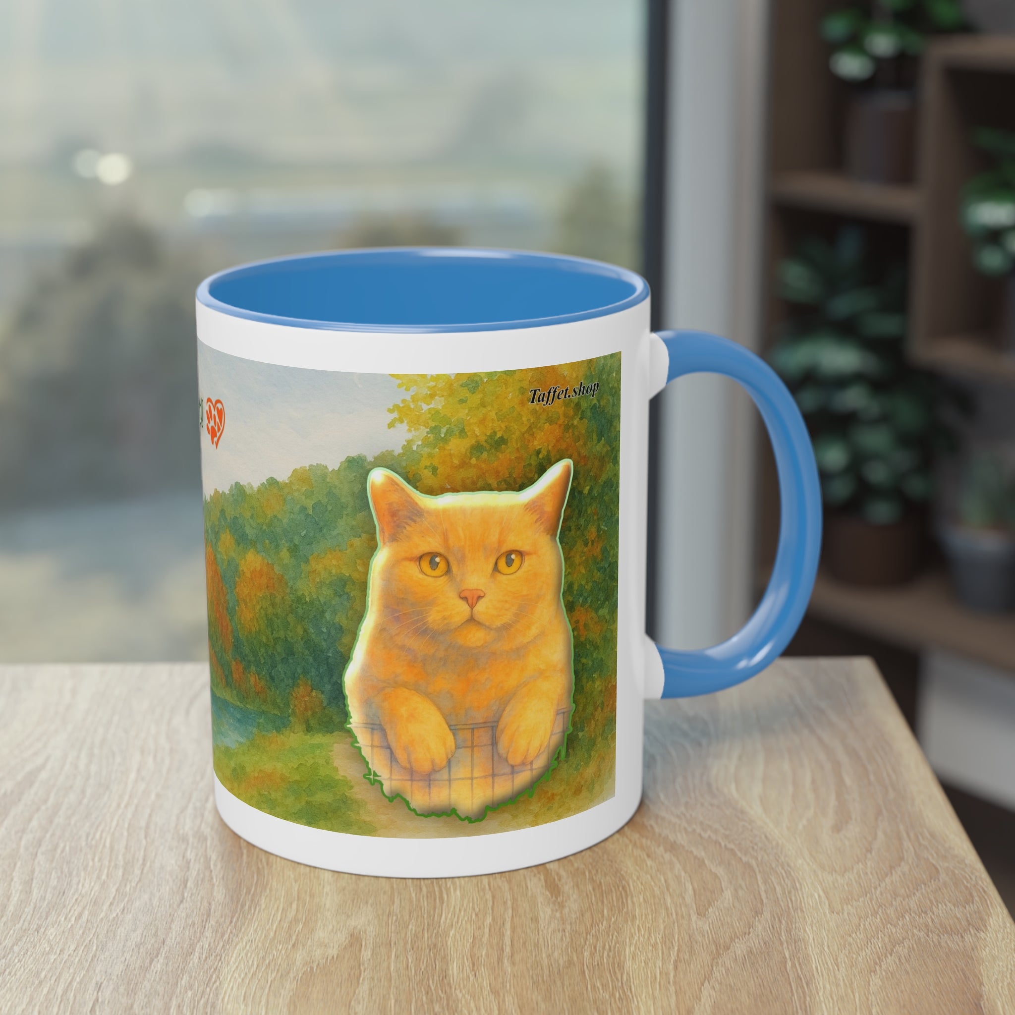 Mug – Red cat with trees and blue sky in watercolor style, 325 ml