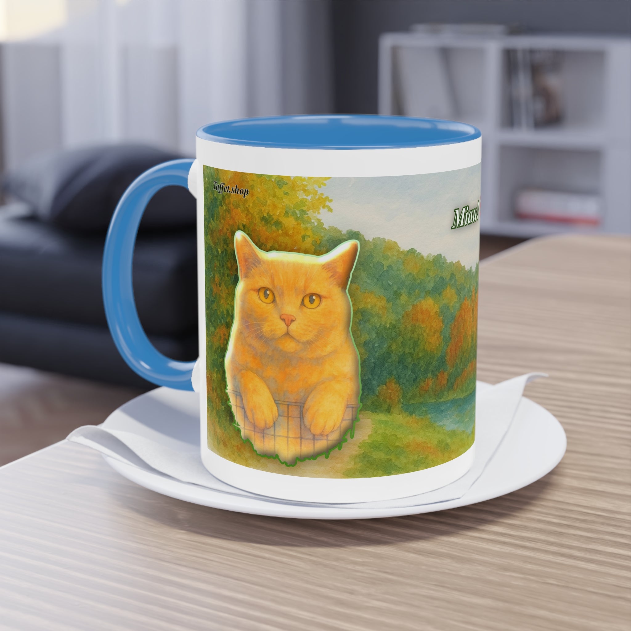 Mug – Red cat with trees and blue sky in watercolor style, 325 ml