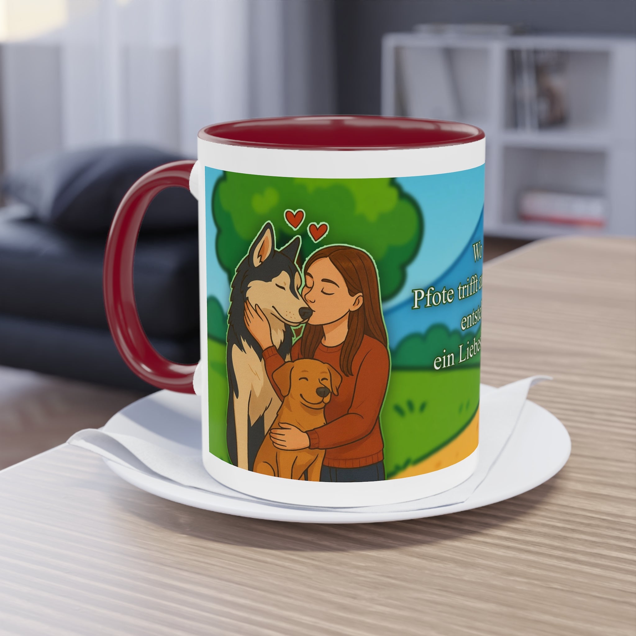 Mug – “Dog and Cat Love with Wife” in comic style, 325 ml