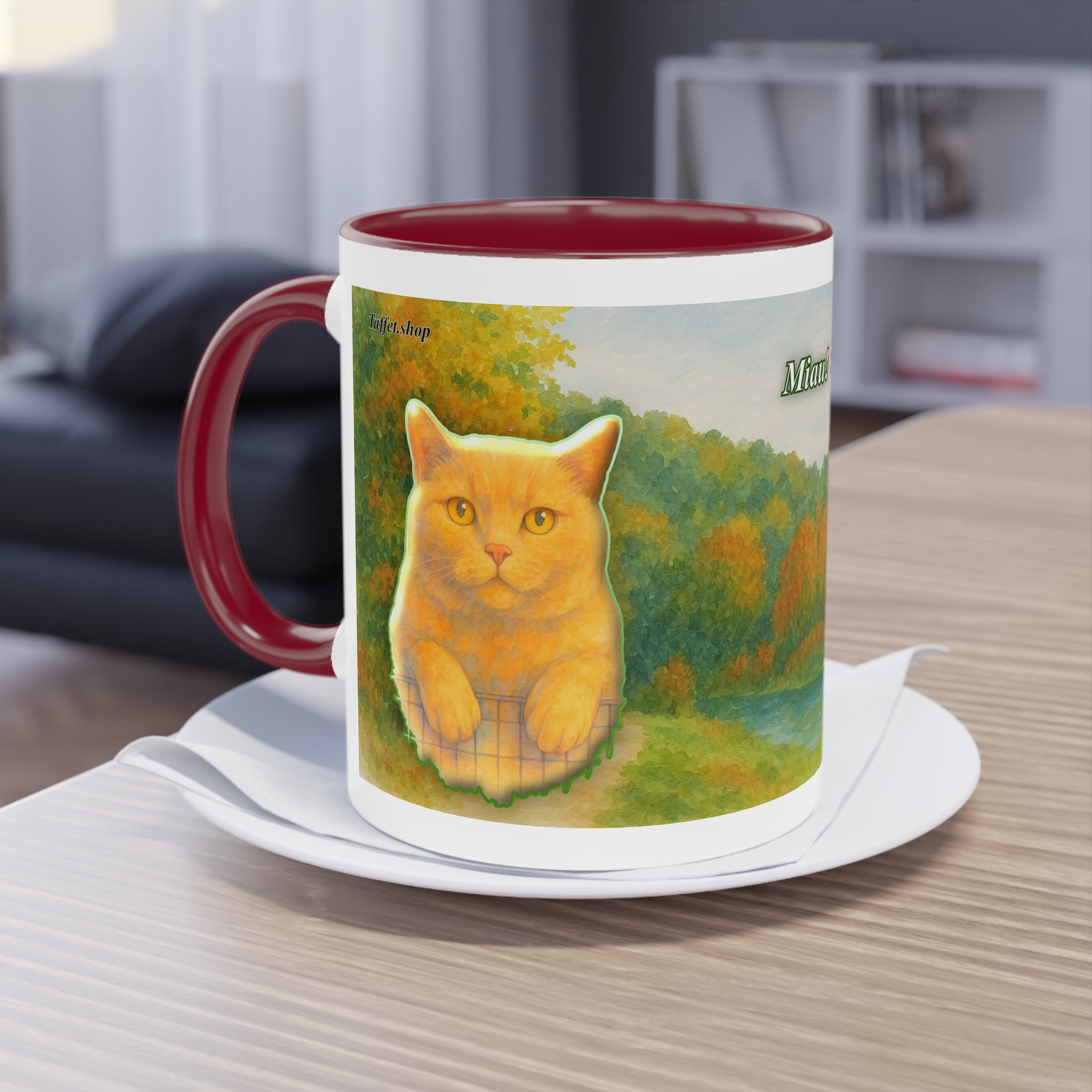 Mug – Red cat with trees and blue sky in watercolor style, 325 ml