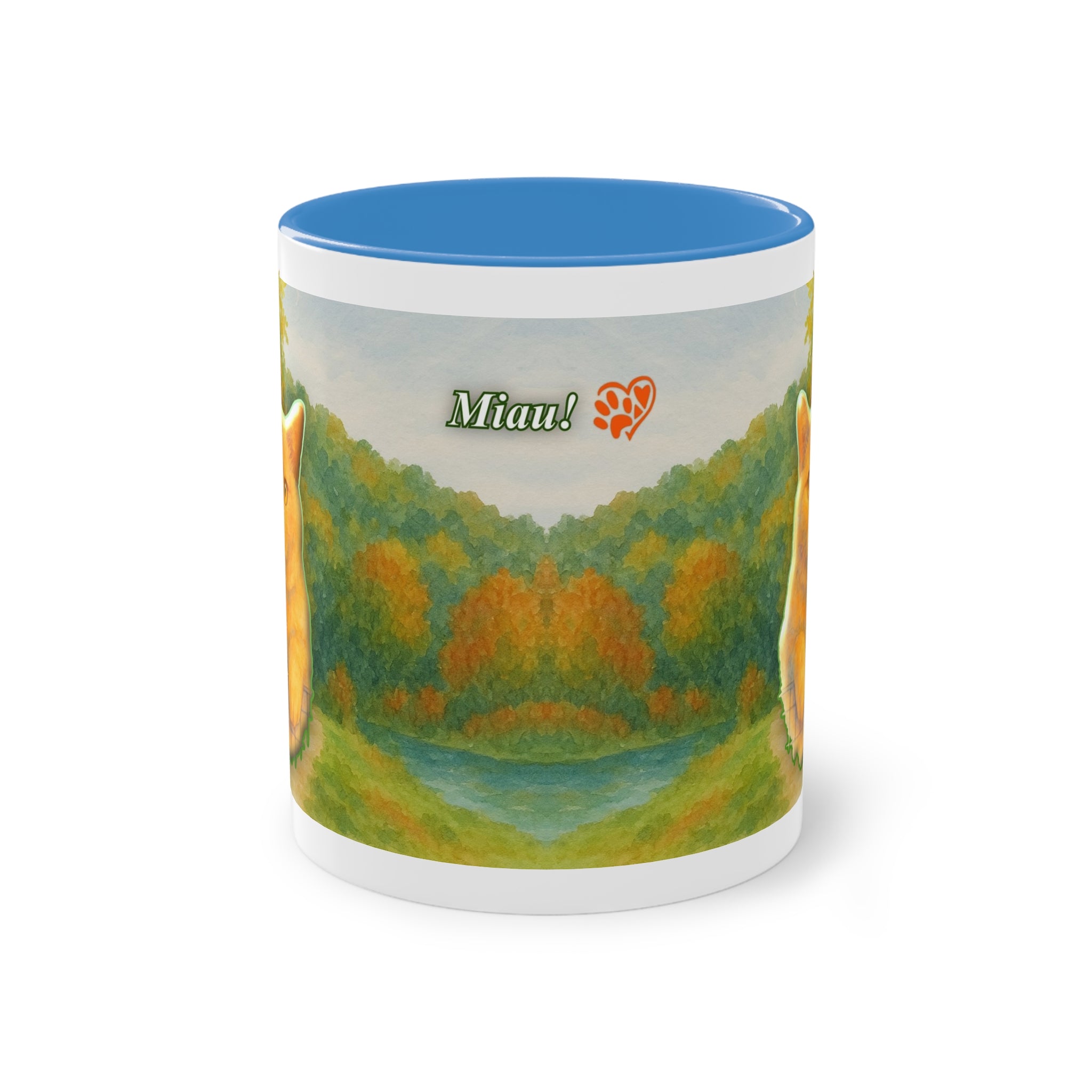 Mug – Red cat with trees and blue sky in watercolor style, 325 ml