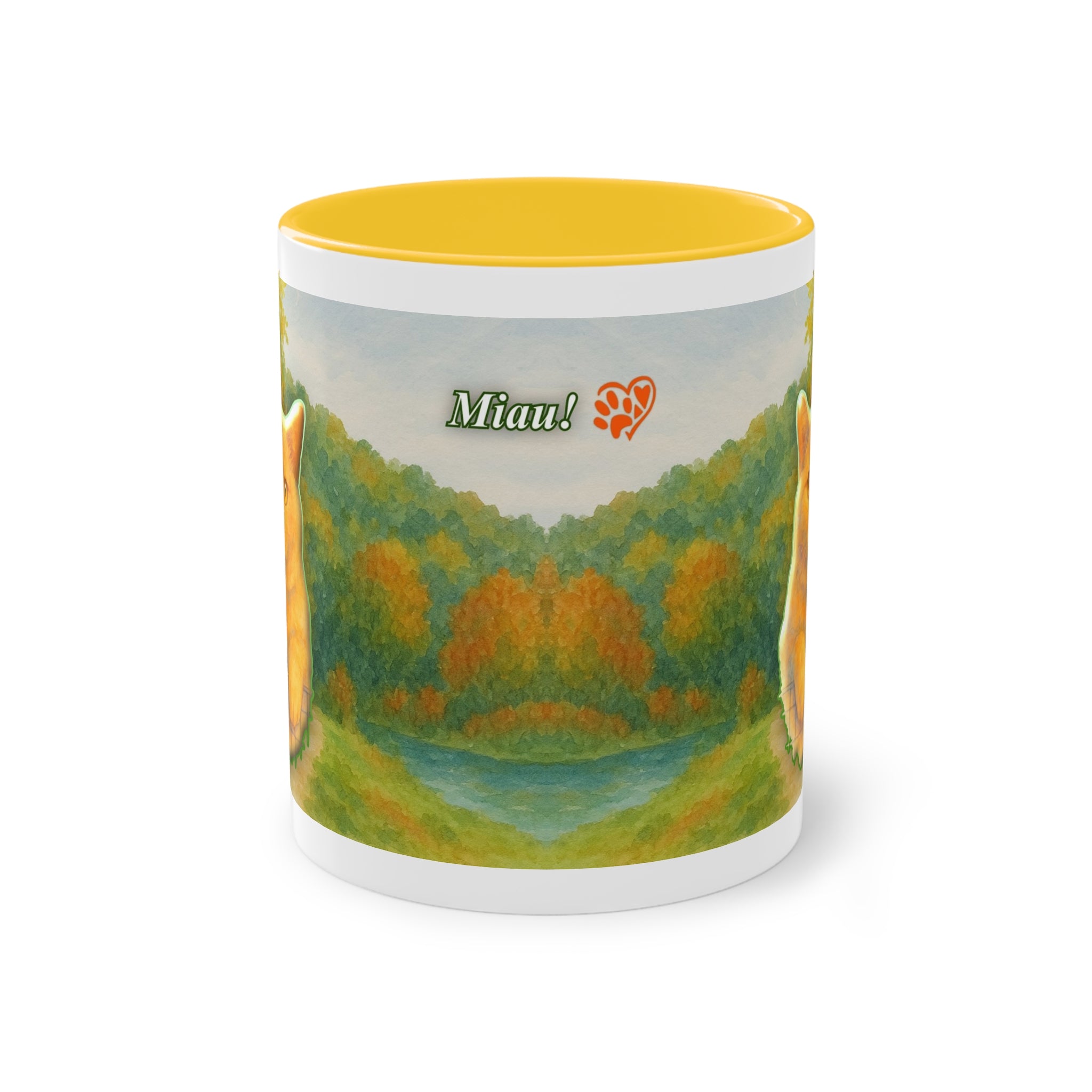 Mug – Red cat with trees and blue sky in watercolor style, 325 ml
