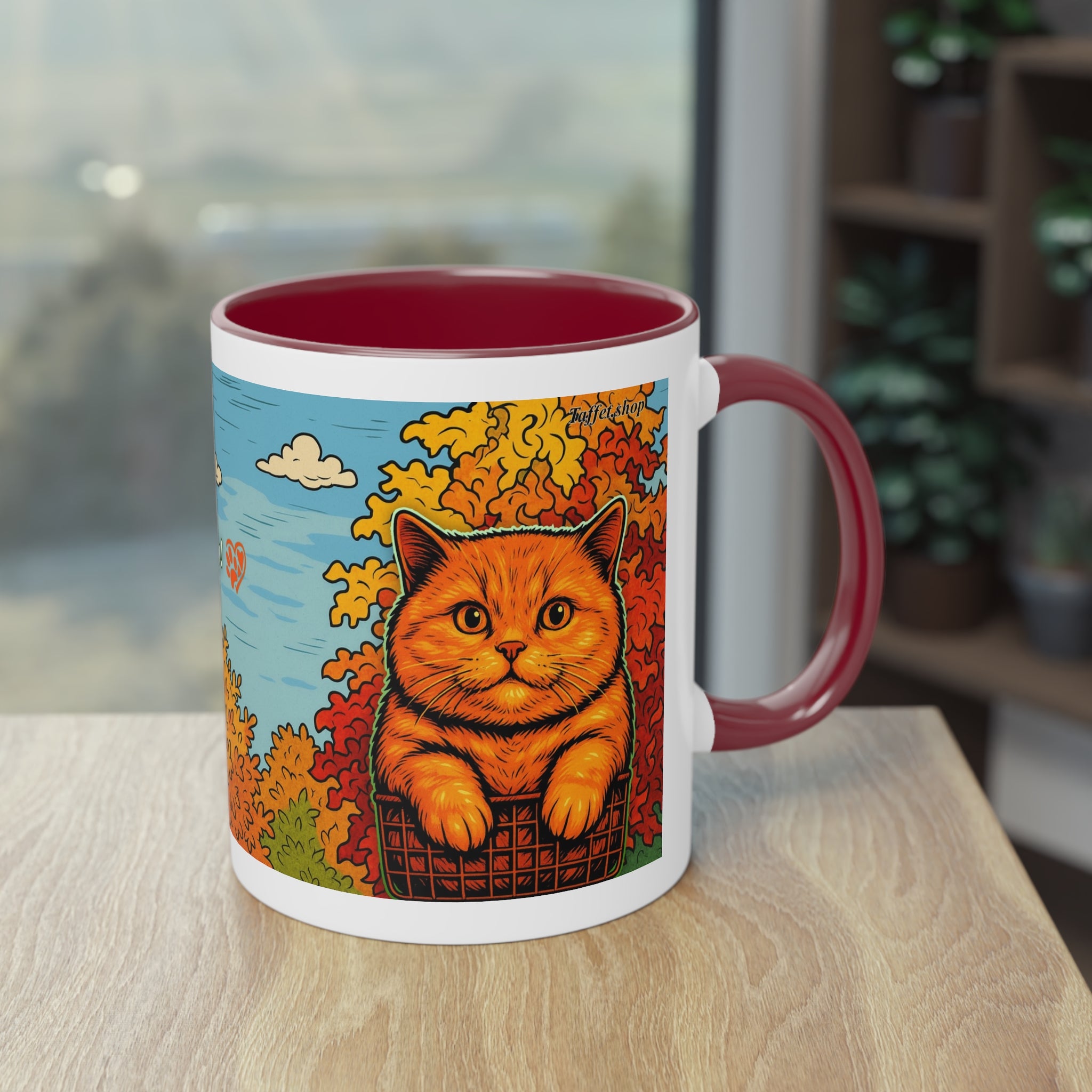 Mug – Red cat with trees and blue sky in comic style, 325 ml 