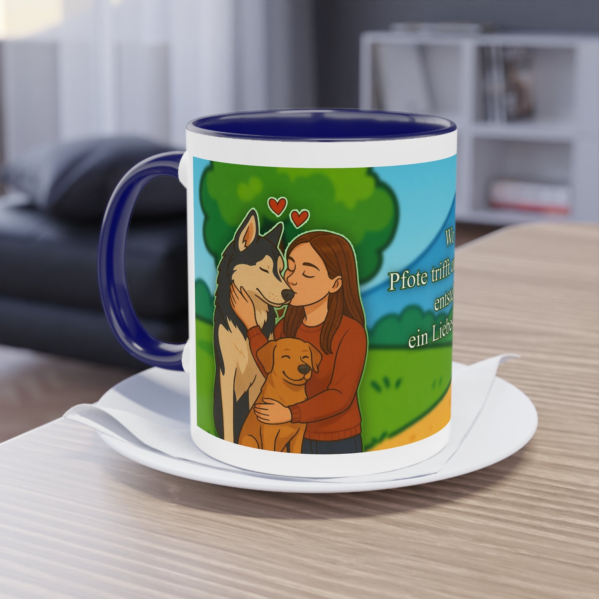Mug – “Dog and Cat Love with Wife” in comic style, 325 ml
