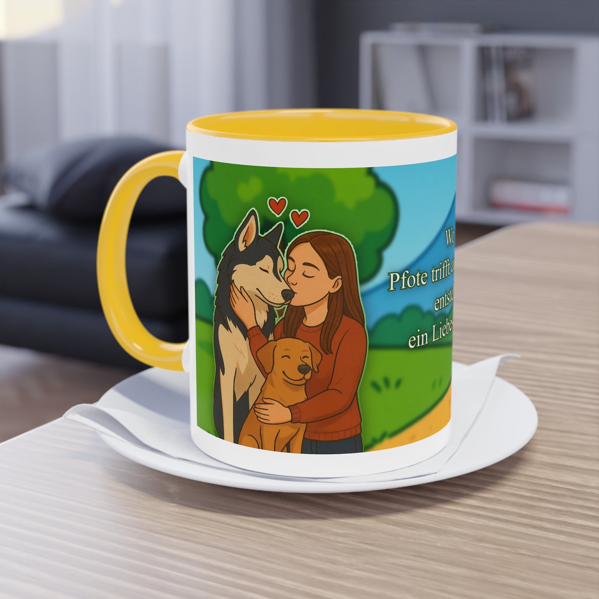 Mug – “Dog and Cat Love with Wife” in comic style, 325 ml