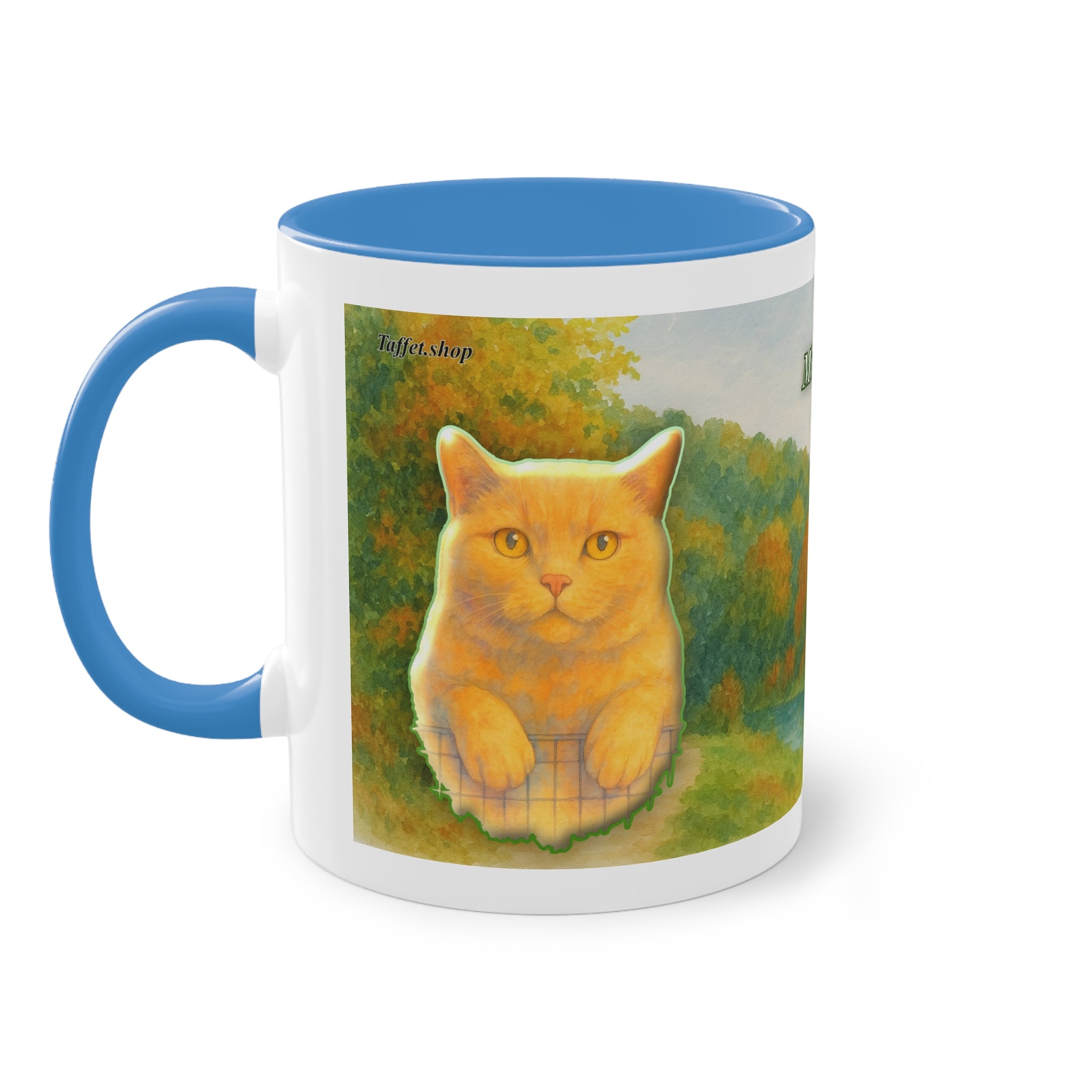 Mug – Red cat with trees and blue sky in watercolor style, 325 ml
