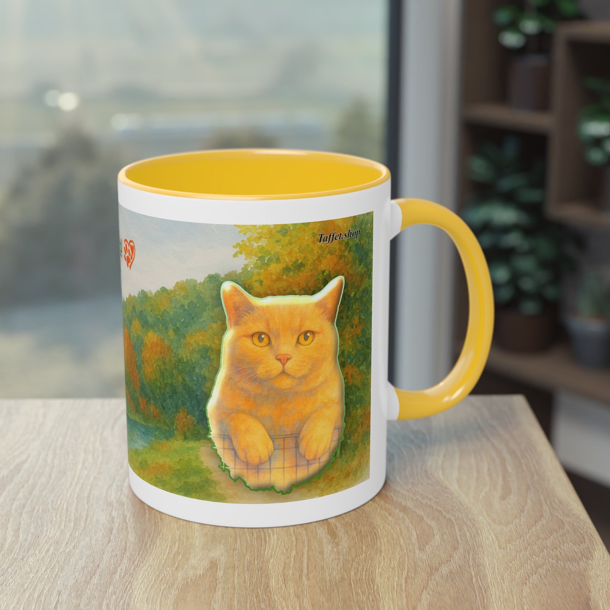 Mug – Red cat with trees and blue sky in watercolor style, 325 ml