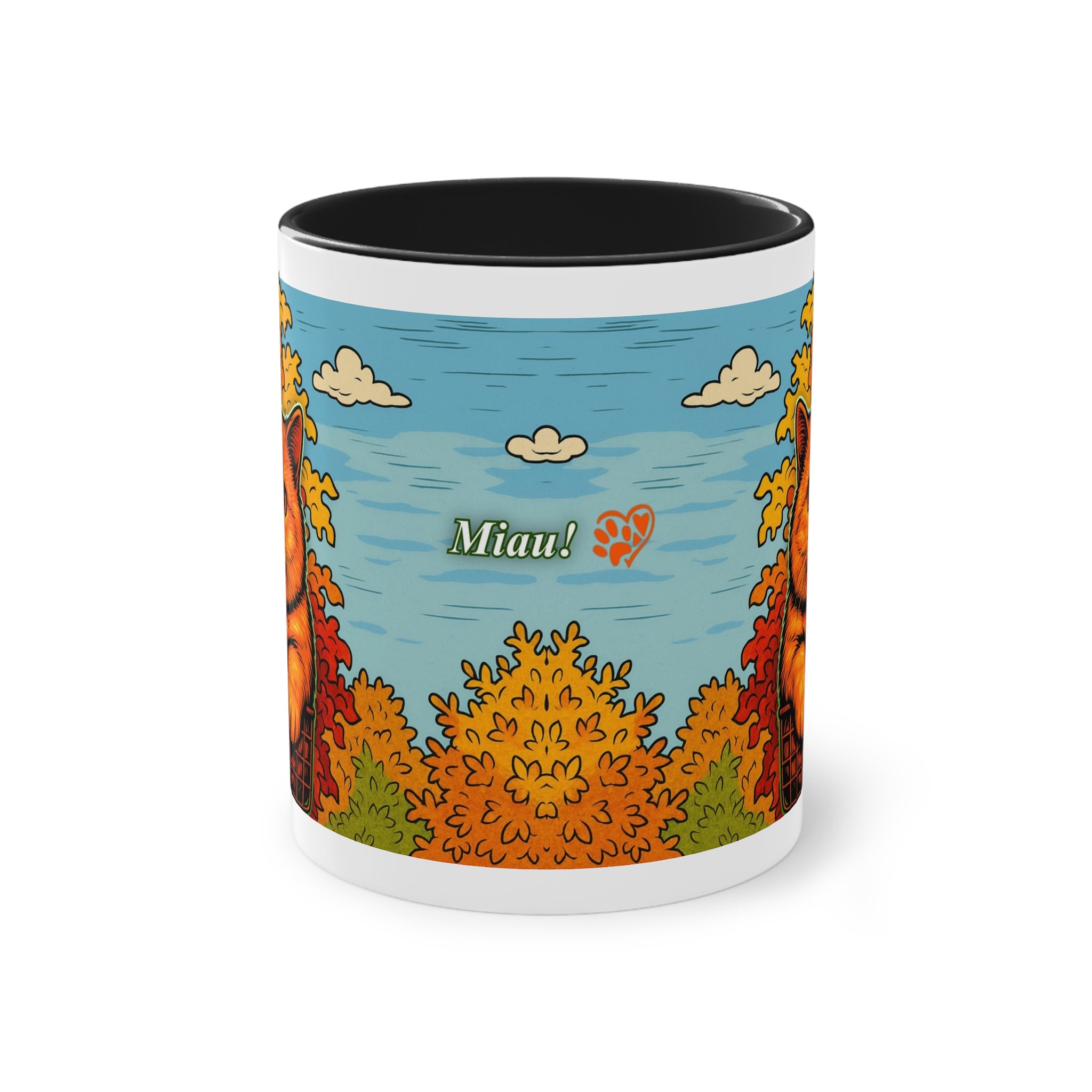 Mug – Red cat with trees and blue sky in comic style, 325 ml 