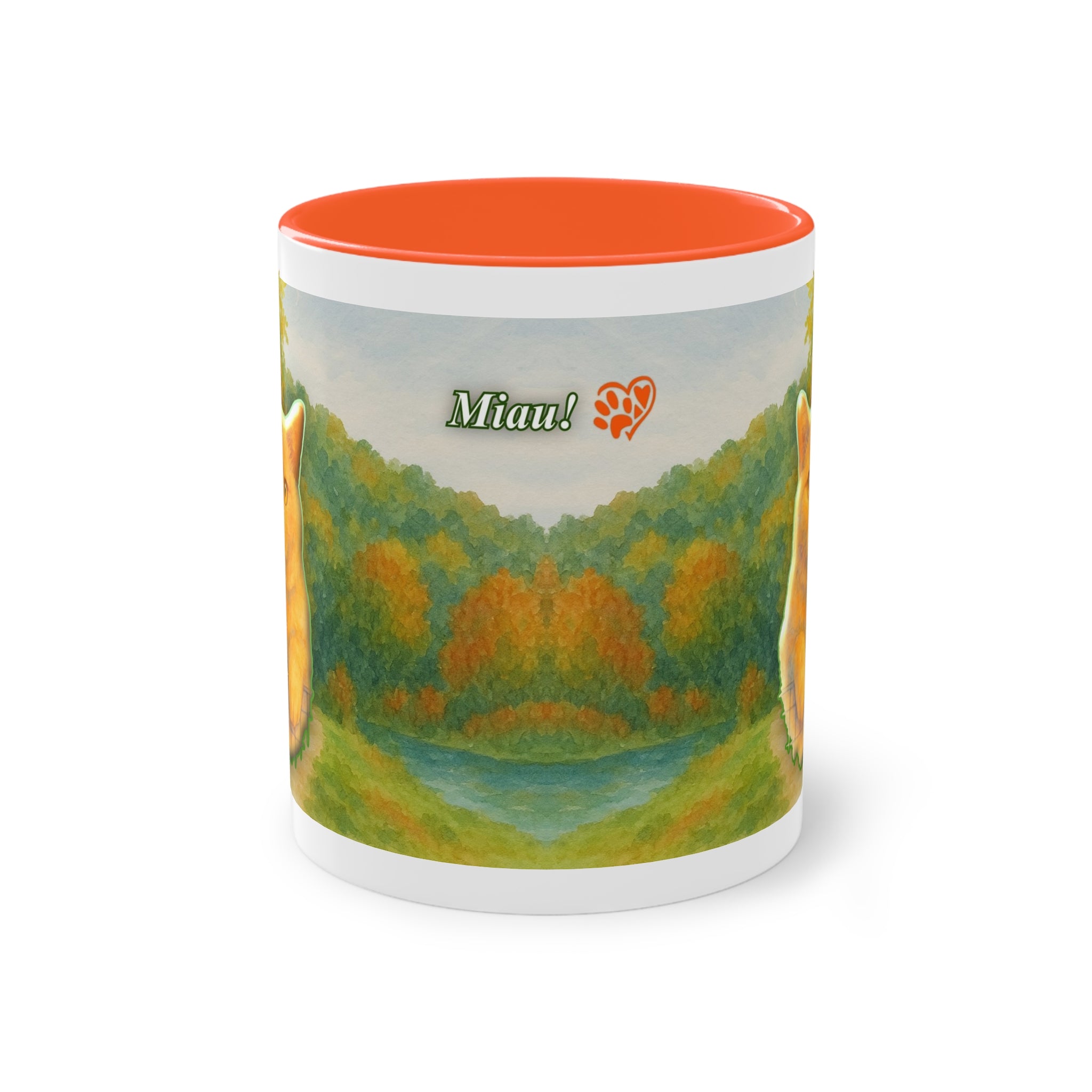 Mug – Red cat with trees and blue sky in watercolor style, 325 ml